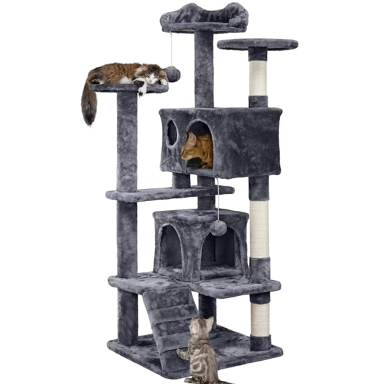 54in Multi-Level Cat Tree Kitten-ear Perch 2 Caves Scratch Posts Ladder 2 Balls Indoor Kittens Durable Pet Furniture , Custom