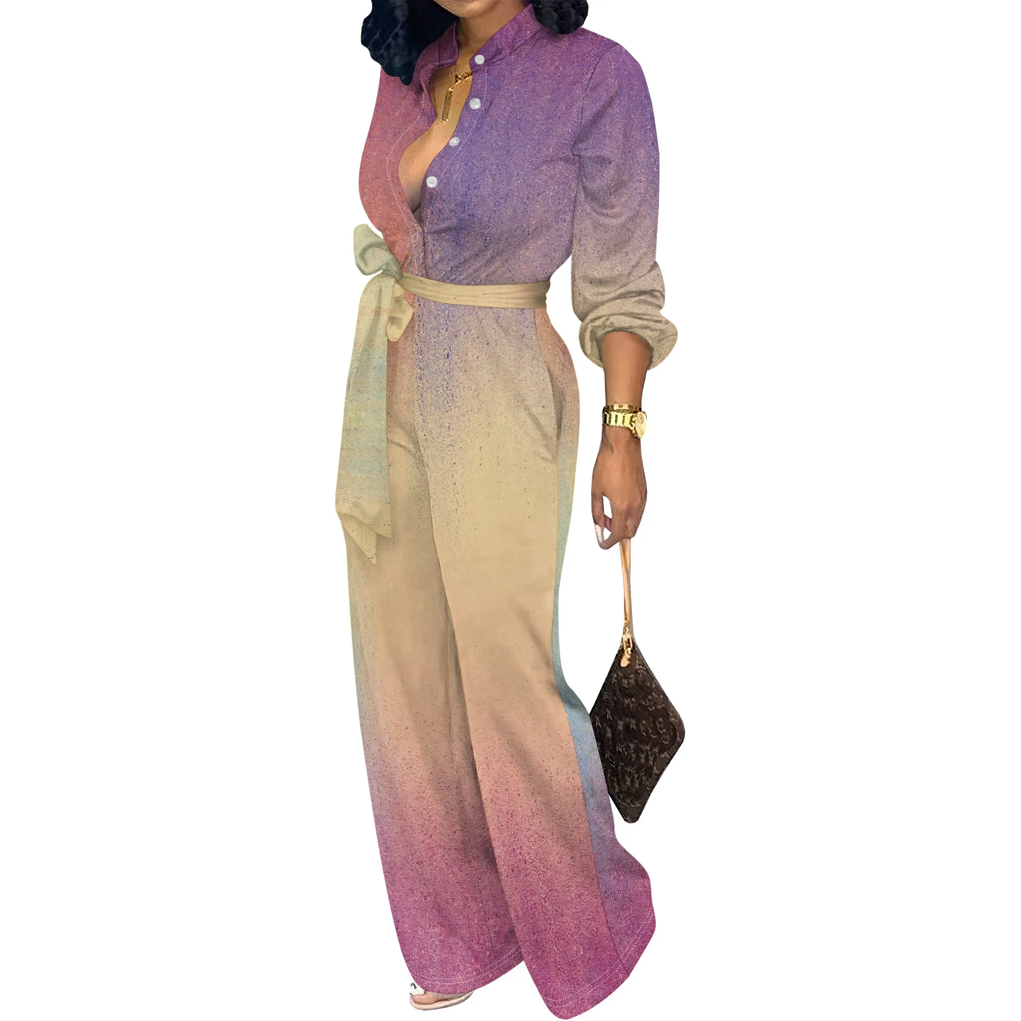 Women’s Long Sleeve Jumpsuit Ombre Gradient Color Belted Waist Wide Leg Elegant Casual Romper