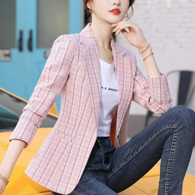 Fashion Loose Button Spliced Pockets Lattice Blazer Women\'s Clothing 2023 Autumn New Oversized Casual Tops Office Lady Blazers