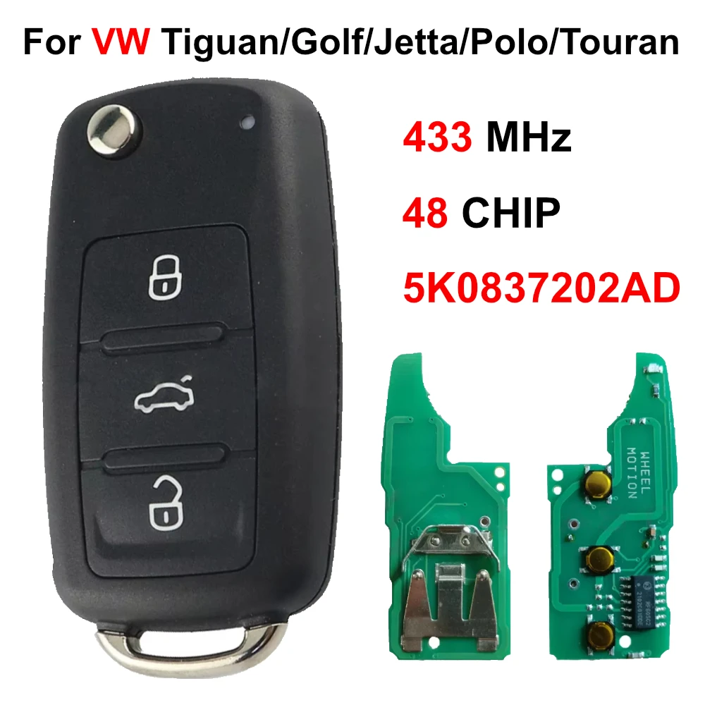 5K0837202AD ID48 Chip 433Mhz Flip Remote Key For VW Touran Jetta Tiguan Transporter PASSAT GOLF POLO 2011-2013