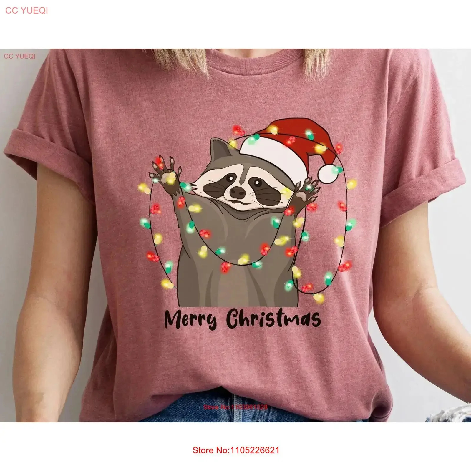 Racoon Santa Christmas T Shirt XMas Lights Critter Tree Hat Holiday Funny Ladies vintage Washed Soft Casual Stylish