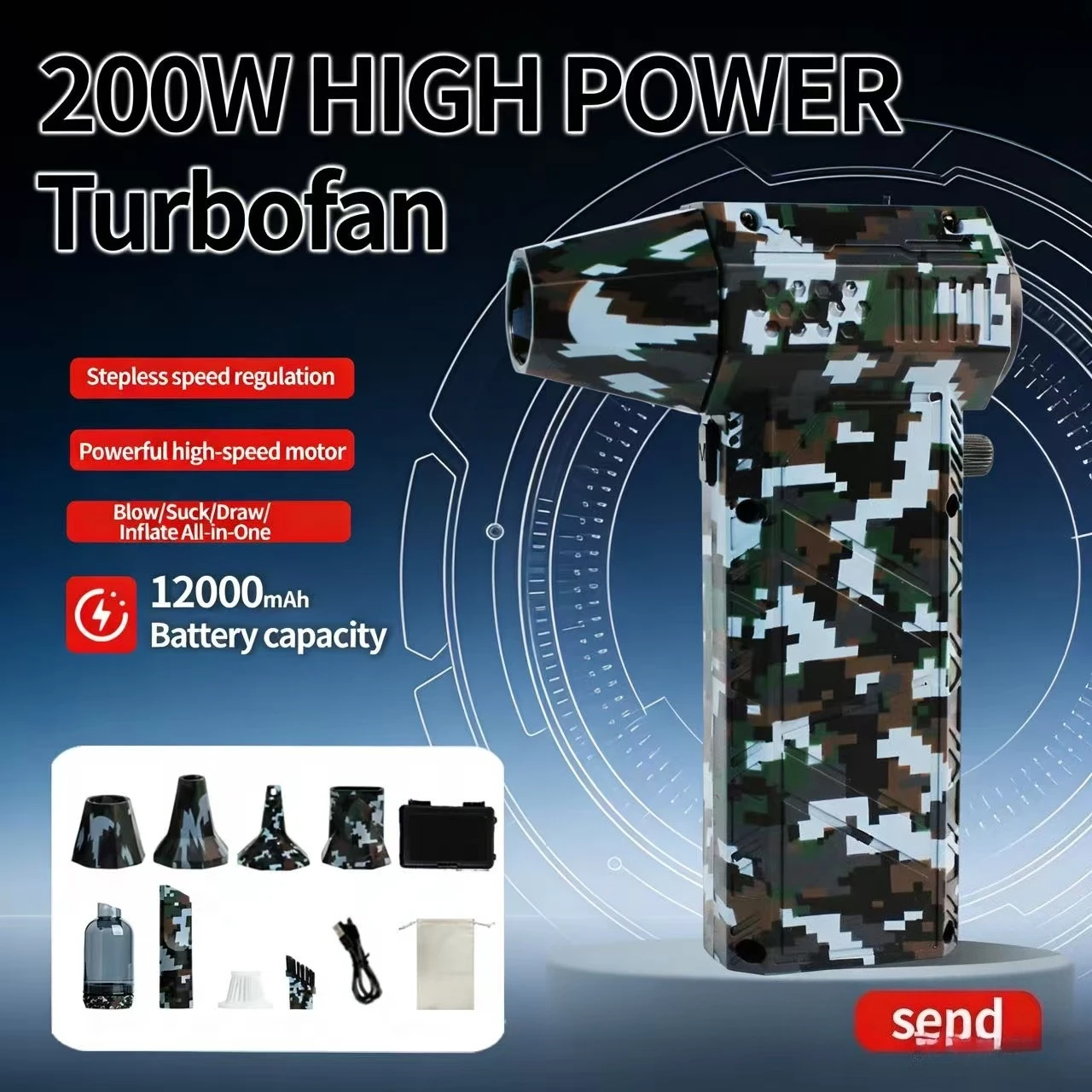 

X16 Turbo Jet Fan 300000 RPM, 12000mAh, 200W High Power, for Air Drying, Mop & Car/PC Cleaning