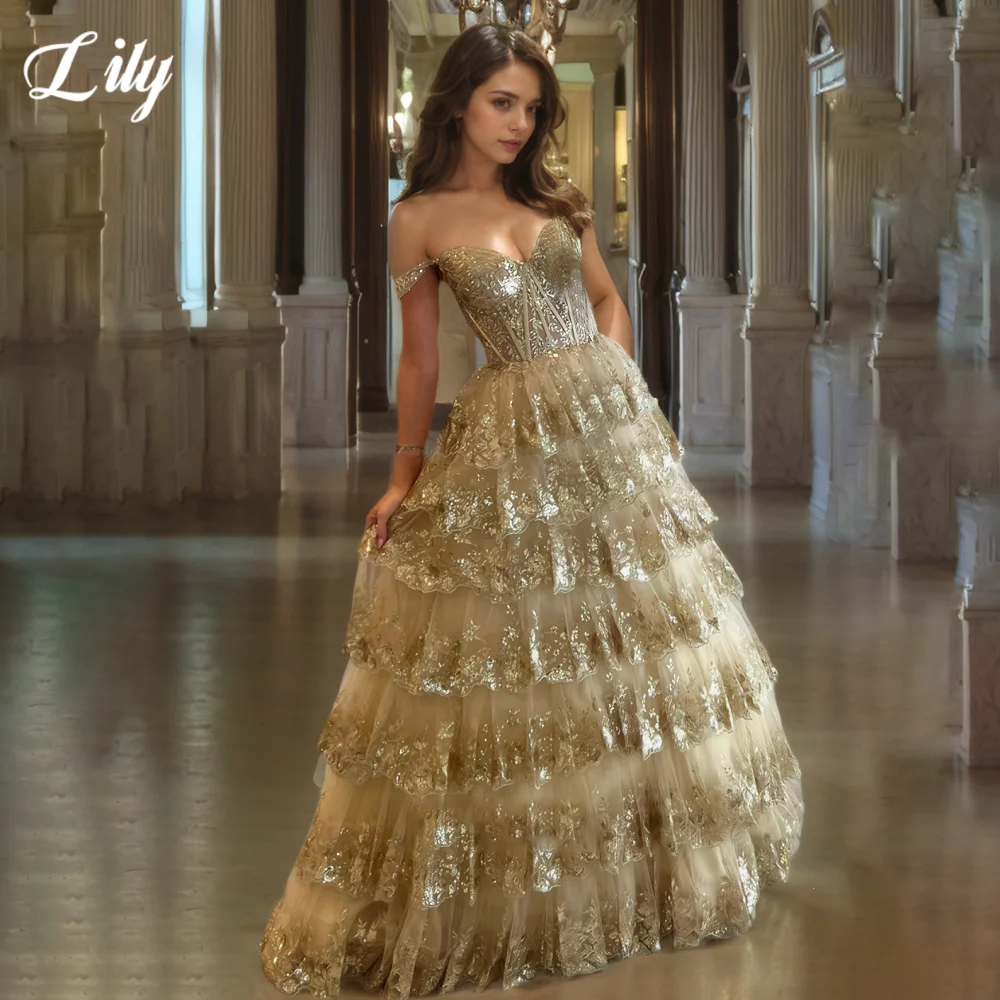 Lily Gold Splendido abito da sera con scollo a cuore e spalle scoperte Abito da ballo a strati lucido Abito da festa a trapezio con paillettes personalizzato