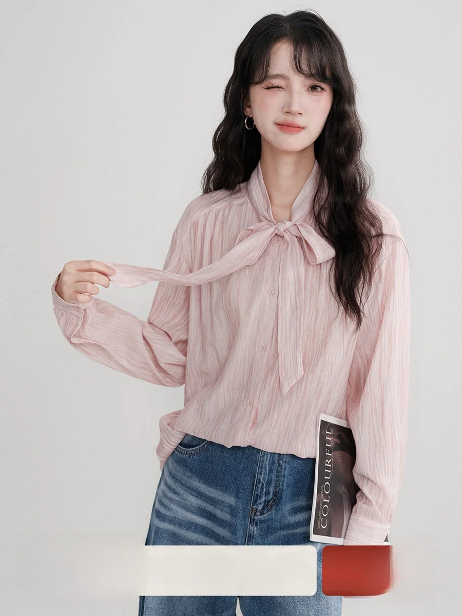 

Новая женская свободная блузка с V-образным вырезом, розовая, с узлом, для повседневной носки, модная, универсальная, с длинным рукавом, весна 2025