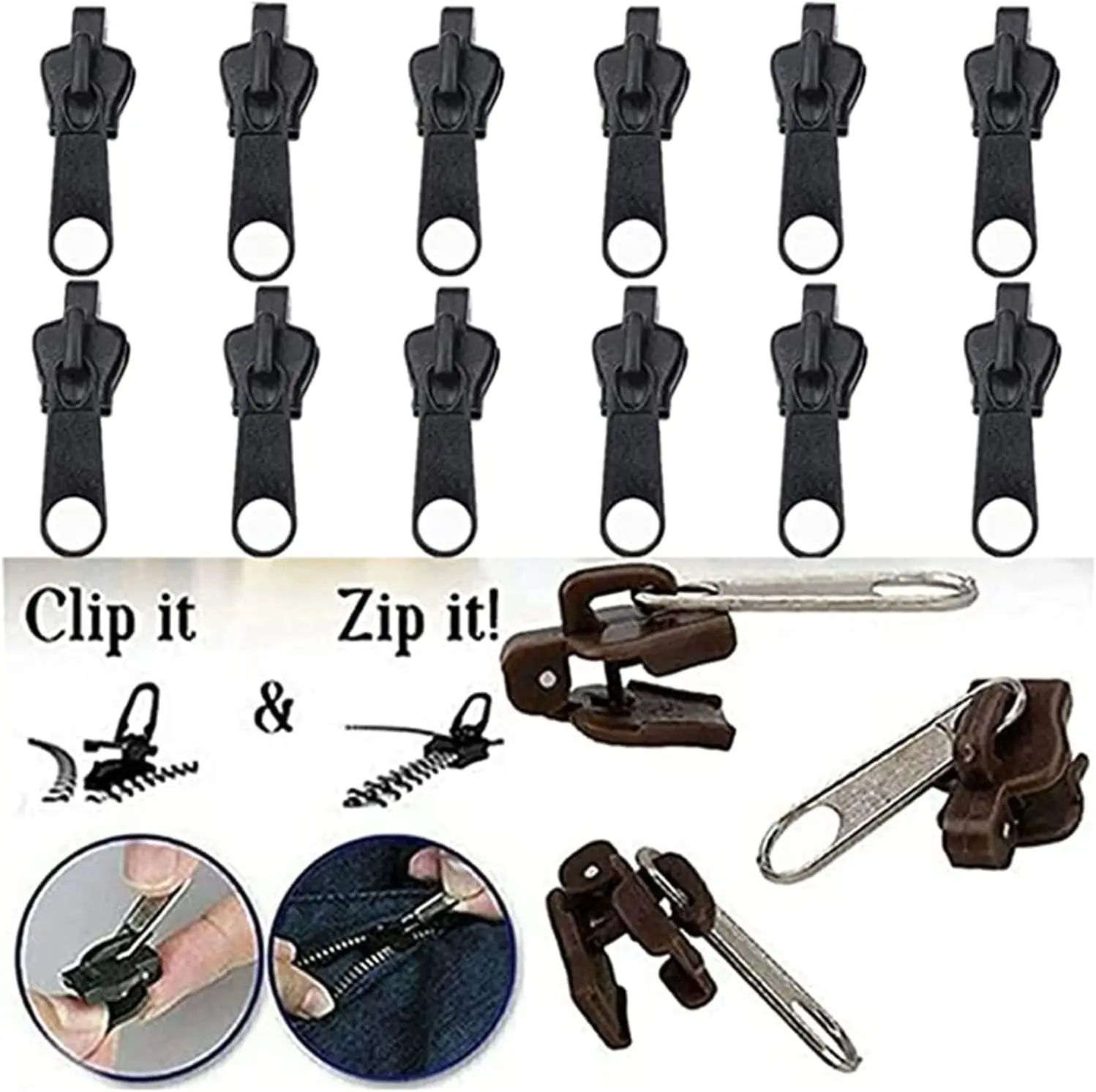 6Pcs Black Fix Zip Puller Zip Slider Repair Instant Kit, Instant Zipper Set, Fix Zipper Removable Rescue Replacement Pack