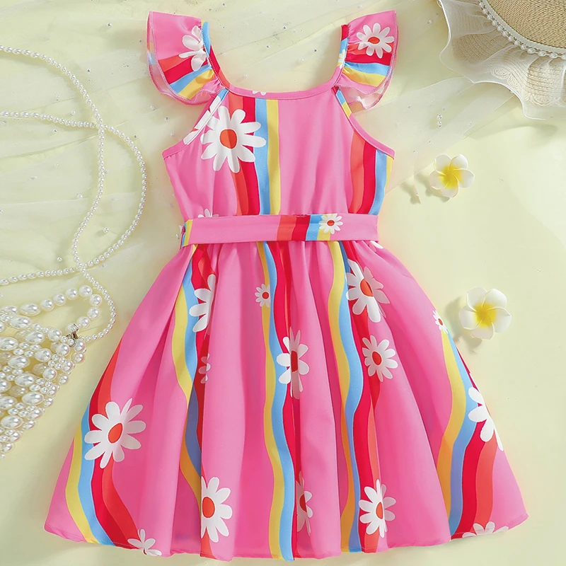 Sweet and Elegant Young Girl\'s Flying Sleeve and Knee-Length Dress with Belt Decoration Design and Flower Pattern