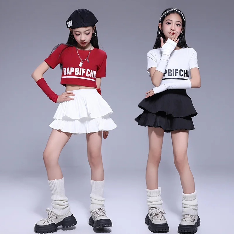

Kid Hip Hop Clothing Red Crop Top Long Sleeve T Shirt White Black Layered Pleated Mini Skirt for Girl Jazz Dance Costume Clothes