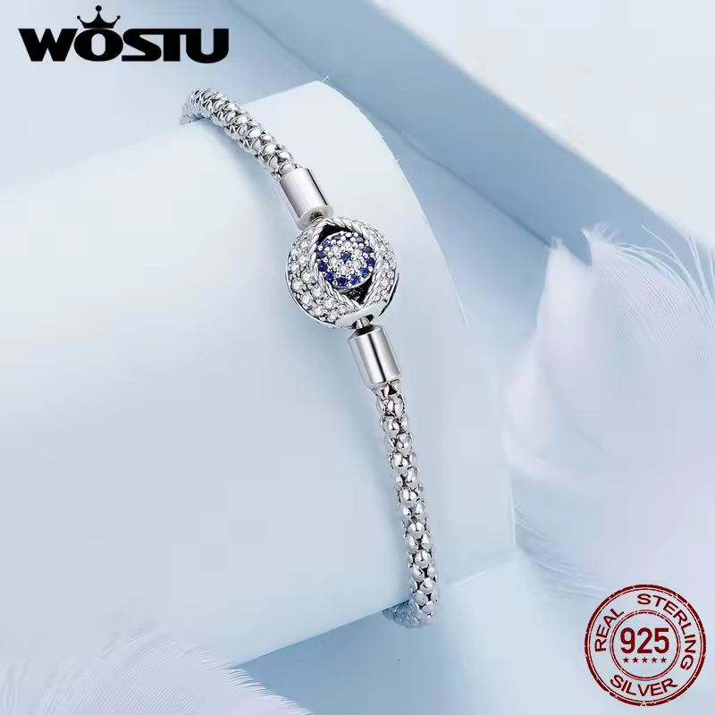WOSTU Hot 925 Sterling Silver Devil's Eye Bracelet Karma and Luck Bangle with Zircon for Women Date Wedding Party Jewelry Gift