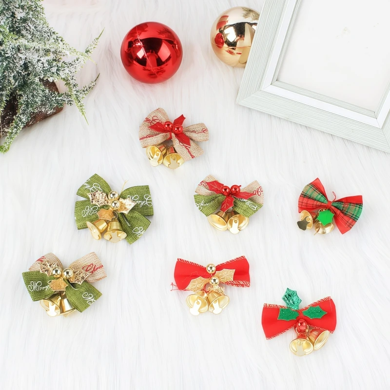 

6pcs Christmas Linen Bow With Bell Mini Xmas Tree Bowknot Pendant Ornaments For Home Decor Navidad New Year Party DIY Gifts