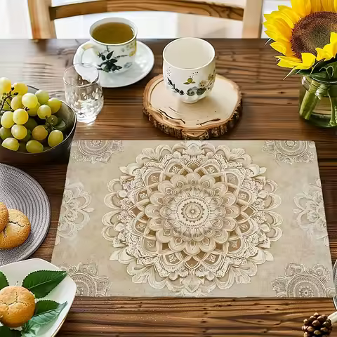 4pcs Retro Beige Floral Placemats Mandala DesignHeat-Resistant, Durable Easy-Clean, Ideal for Kitchen &amp; Dining Table Protection