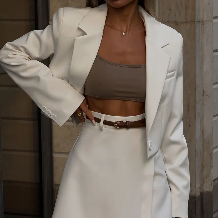 Elegante commute roupas femininas outono novo simples senhora escritório conjuntos de duas peças moda branco manga longa blazer & mini saias conjuntos