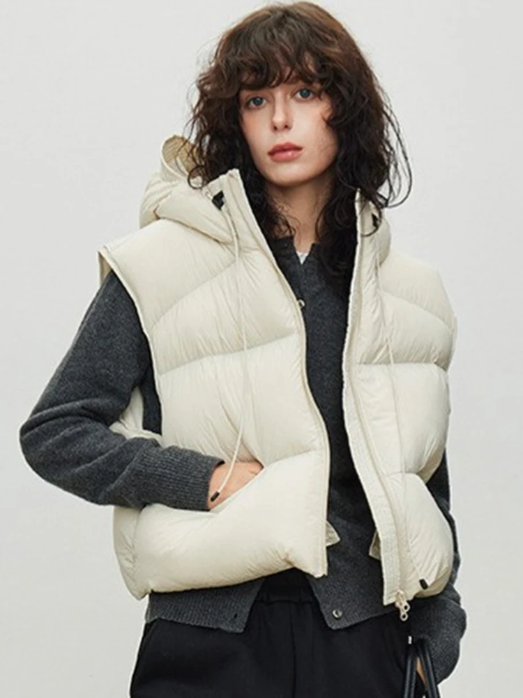 Otoño Invierno chaleco suelto con capucha mujer engrosamiento cálido acolchado chaleco abrigo mujer pato blanco abajo chaleco sin mangas con cremallera
