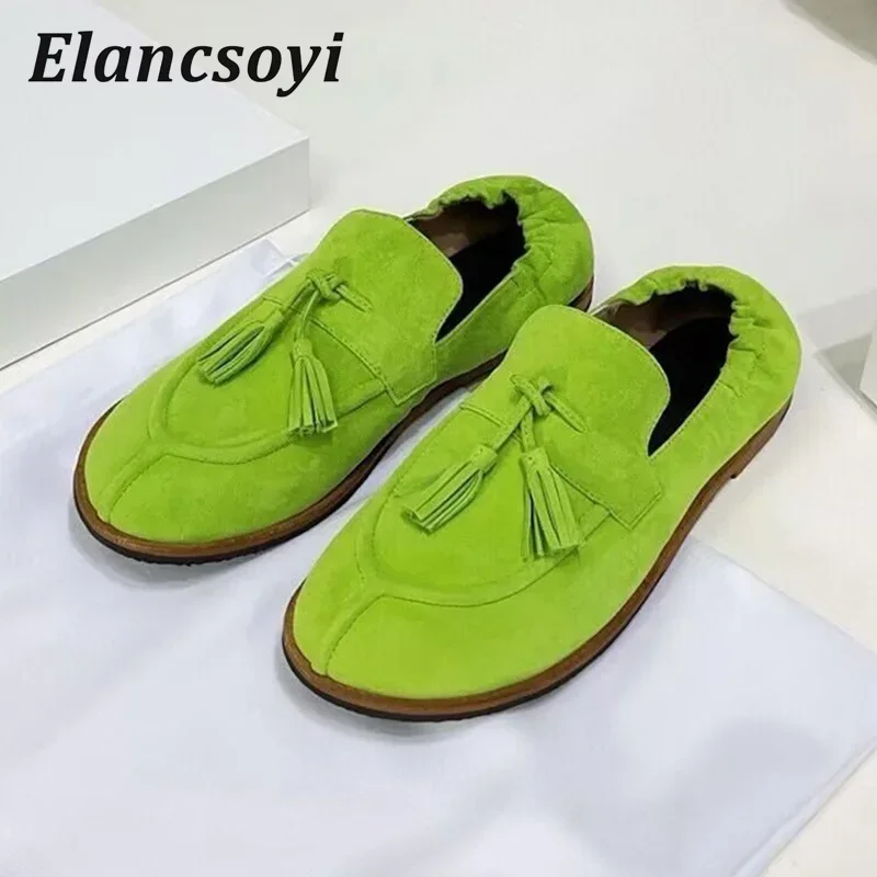 Loafers Spring Autumn Retro Tassel Suede Round Toe Flat Casual Shoes Women's Shallow Mouth Single Shoes Daily Walking Shoes
