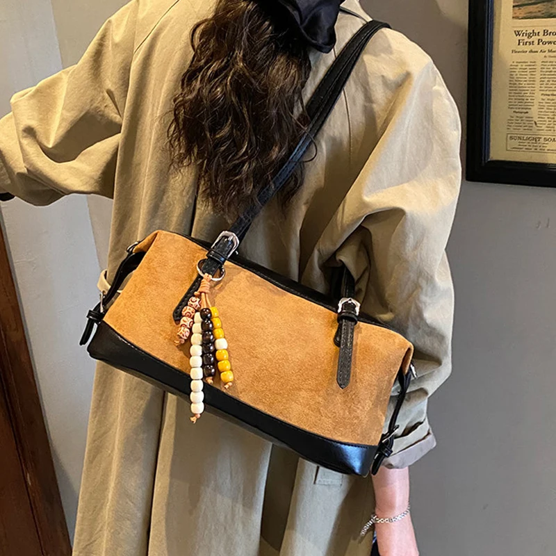Faux Suede Splicing Crossbody Bags for Women 2026 Spring New Rectangle Large Capacity Shoulder Bag Casual Versatile Underarm Bag