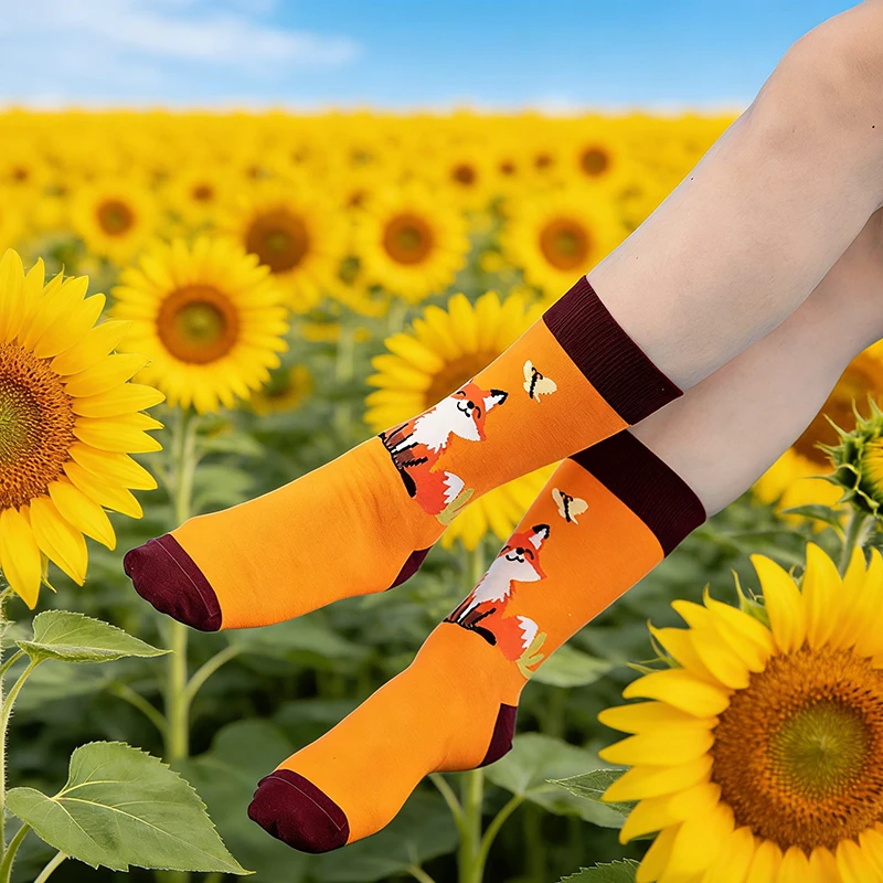 1 pair Charming Fox Print Socks, Cozy Brown & Orange Casual Socks for Women/Girls