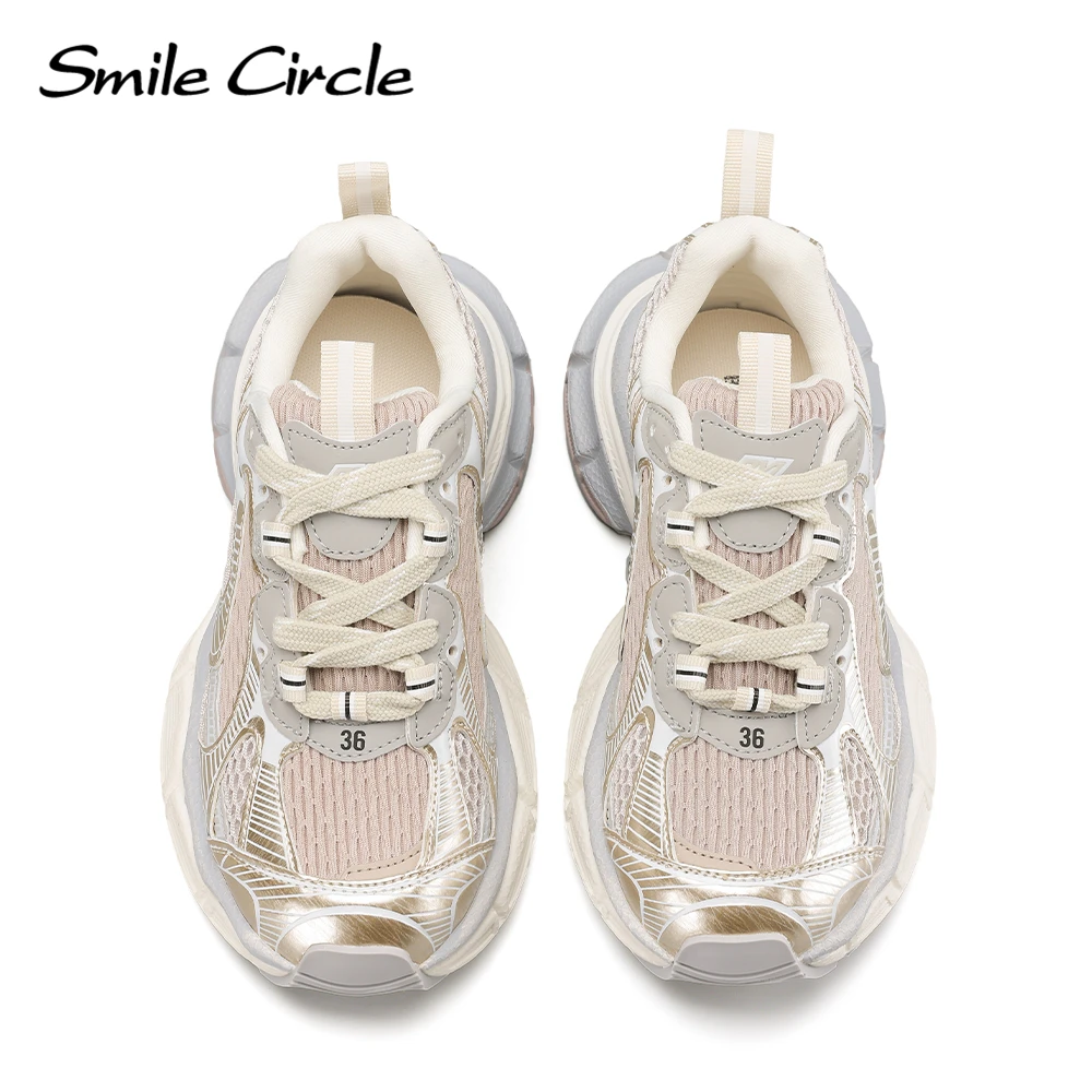 Smile Circle Luxury 3XL Chunky Sneakers Women Mesh Lace Up Flat Platform Shoes Breathable Thick Bottom Casual Sneakers