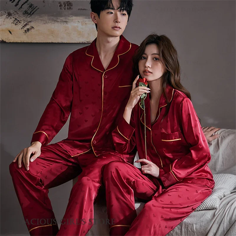 Liebhaber Pyjamas Set Frühling Herbst Neue Langarm Hosen Pijamas Anzug Lose Beiläufige Seide Satin Paar Hause Kleidung Loungewear