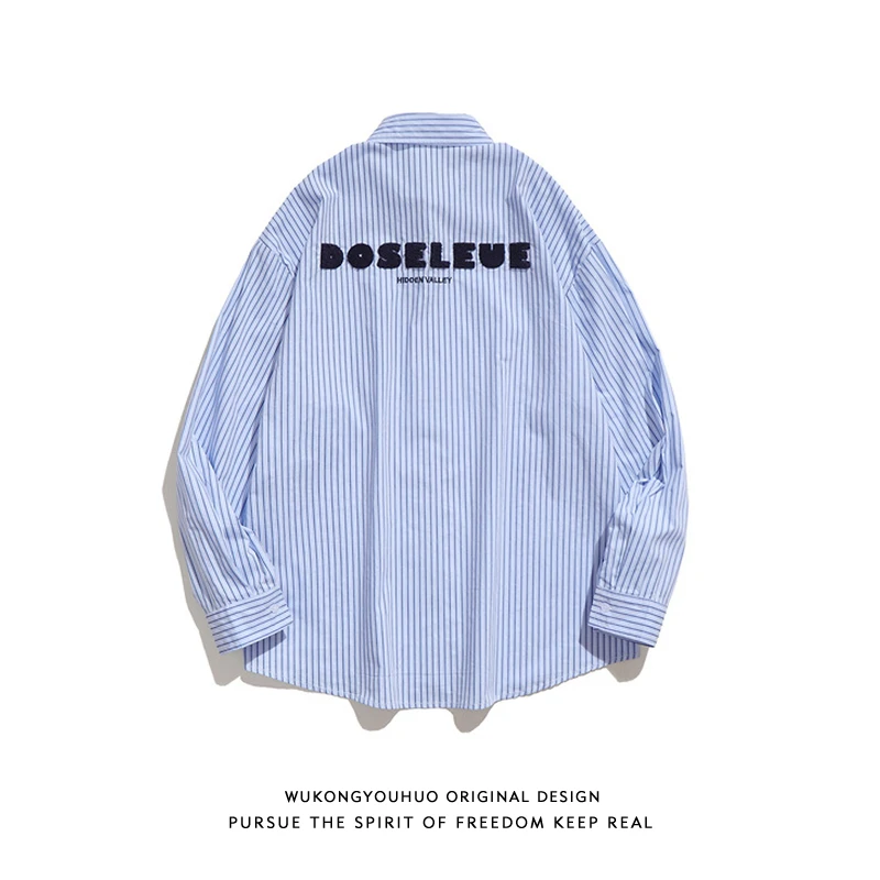 Men/Women Retro Letter Flocked Lapel Long-sleeved Striped Shirts Spring Autumn High Street Loose Casual Couple Button Blouse Top