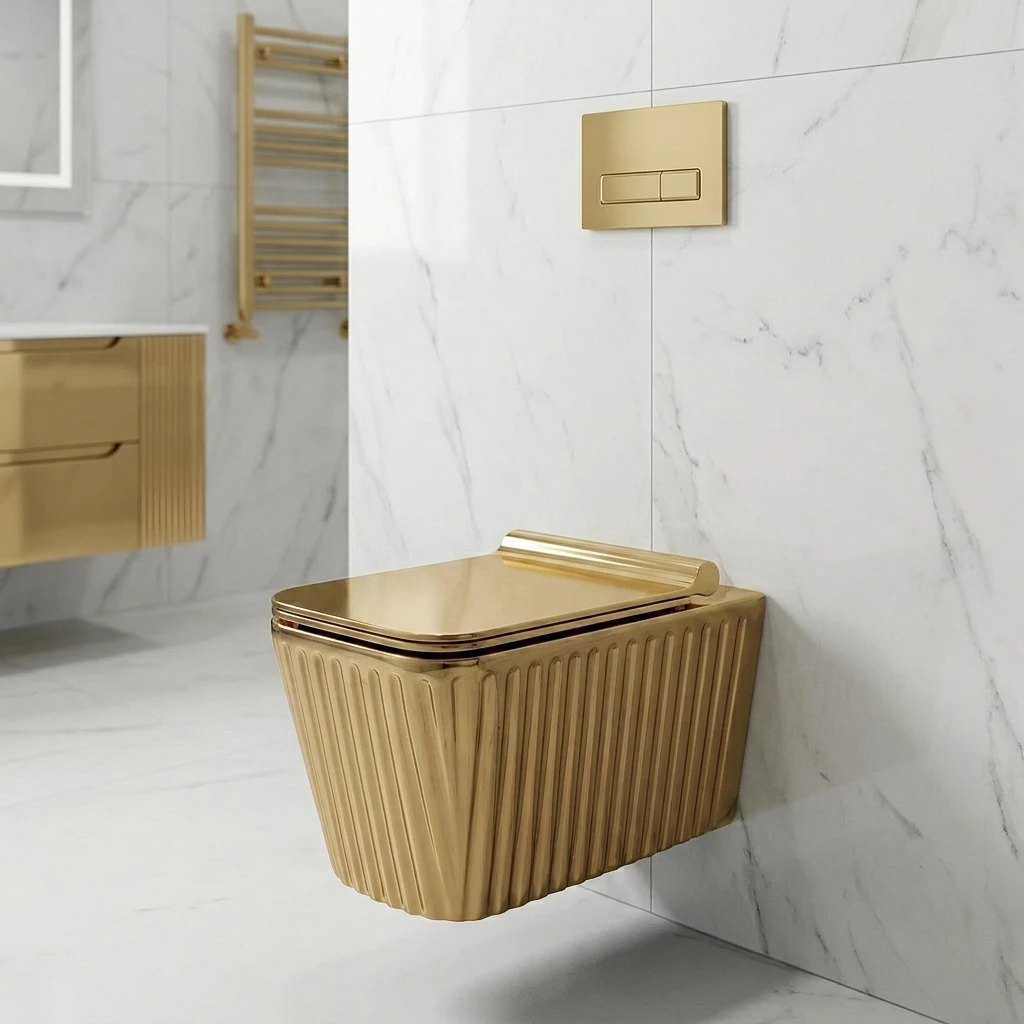 Luxury Gold Sanitary Ware Golden Color Bathroom Ceramic Toilet Suspend Wc Wall Hung Tornado Flush Toilet