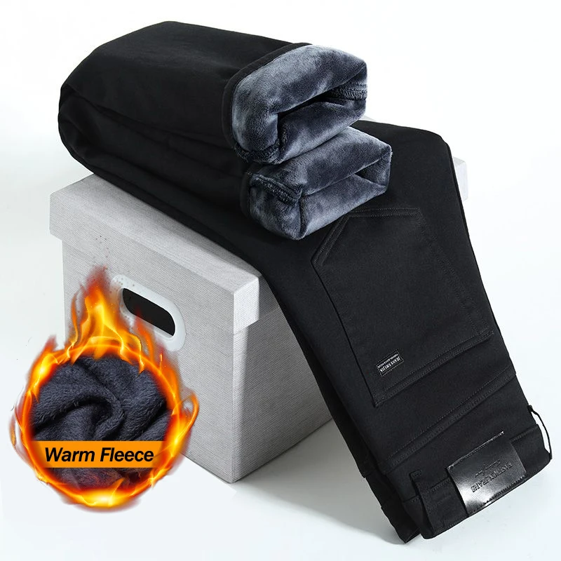 Black Warm Fleece Jeans Men's Winter Thick Elastic Fit Straight Plush Velvet Trousers Casual All-match Fashion Denim Pants