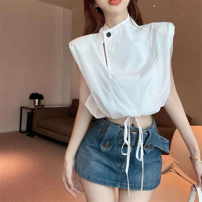 

2024 Blusas Mujer De Moda Bandage Temperament Loose Blouses Tops Blouse Women Stand Neck Sleeveless Fashion White Shirts
