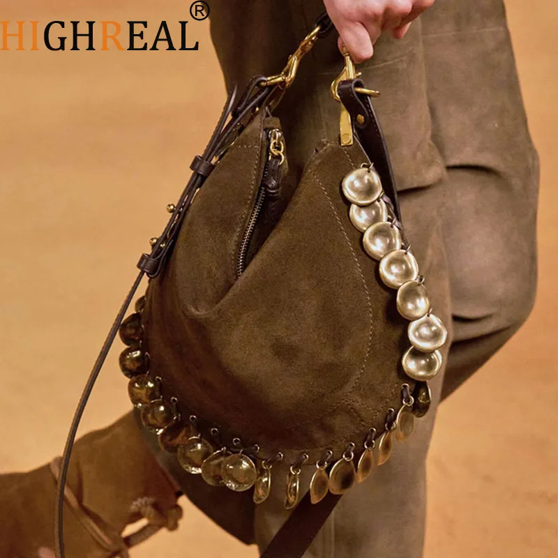 HIGHREAL New Vintage Metallic Flow Decor Deerskin Suede Scrub Tote Luxury Casual Single Shoulder Armpit Sling Bag Open Stylish