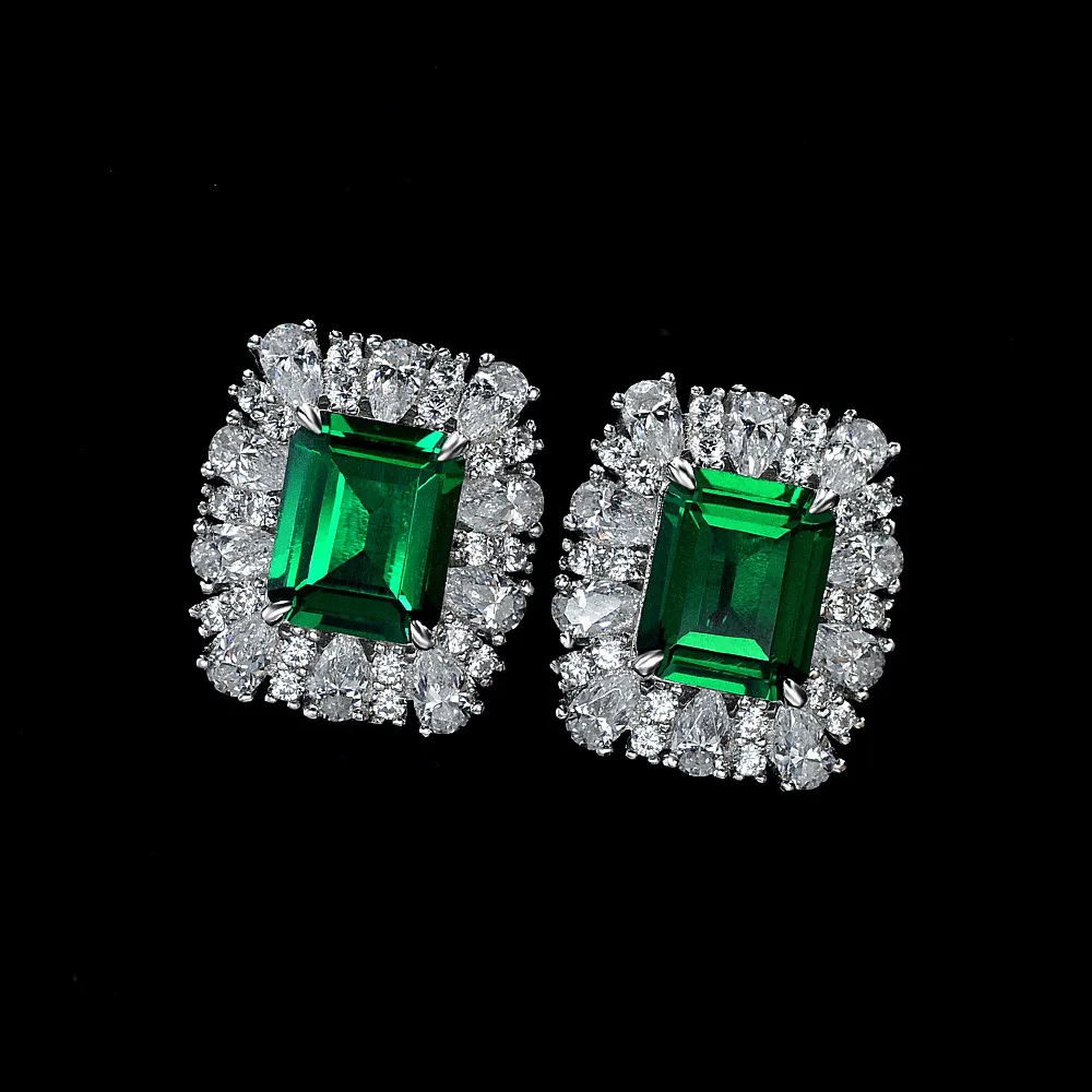 New Emerald European Retro High Grade Earrings S925 Silver Rectangular 9 * 11 Face Slimming Ear Buckles Not Easy To Drop