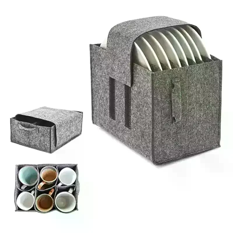 Felt Plate Dish Cup Storage Bag Holder Thicken Camping Tableware Containers Motorhome Kitchen Cupboard Layered Organization