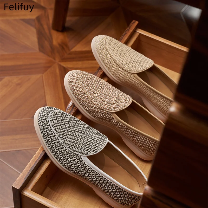 Men's Summer Breathable Woven Loafers Shallow Mouth Flat Slip-On Genuine Leather Shoes Soft Sole Comfortable Commuter Lazy Shoes