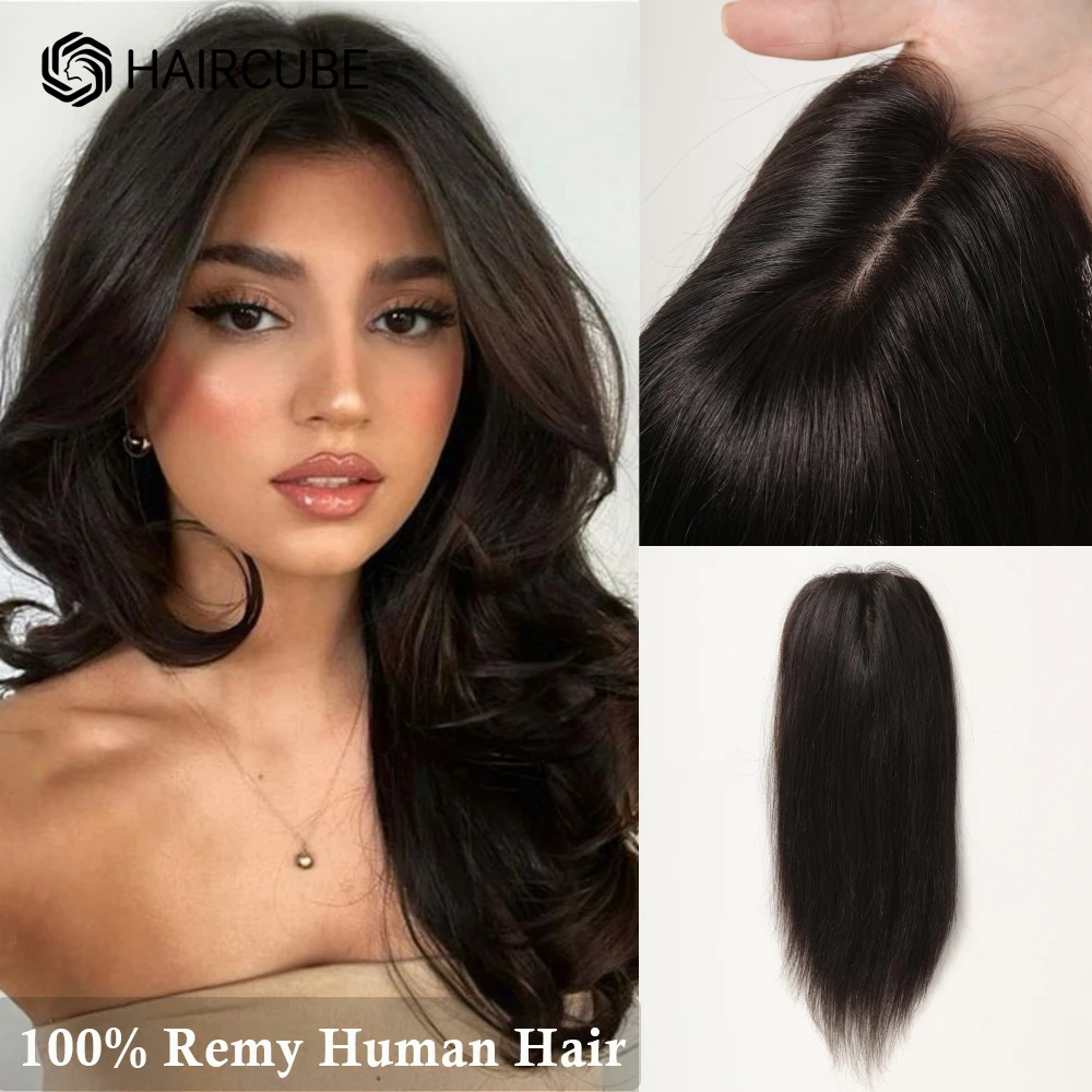 100% Remy Human Hair Toppers for Women  Natural Short Straight Black Brown Human Hair Pieces Thin Hair Silk Base Clip in Toppers