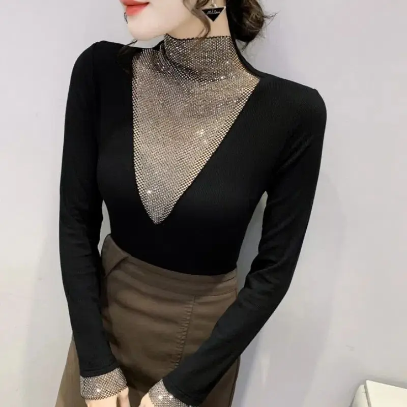 Sexy Slim Women\'s Diamonds Hollow Out Tops 2023 Autumn Fashion Korean Solid Color Spliced Turtleneck T-shirt Female Clothing