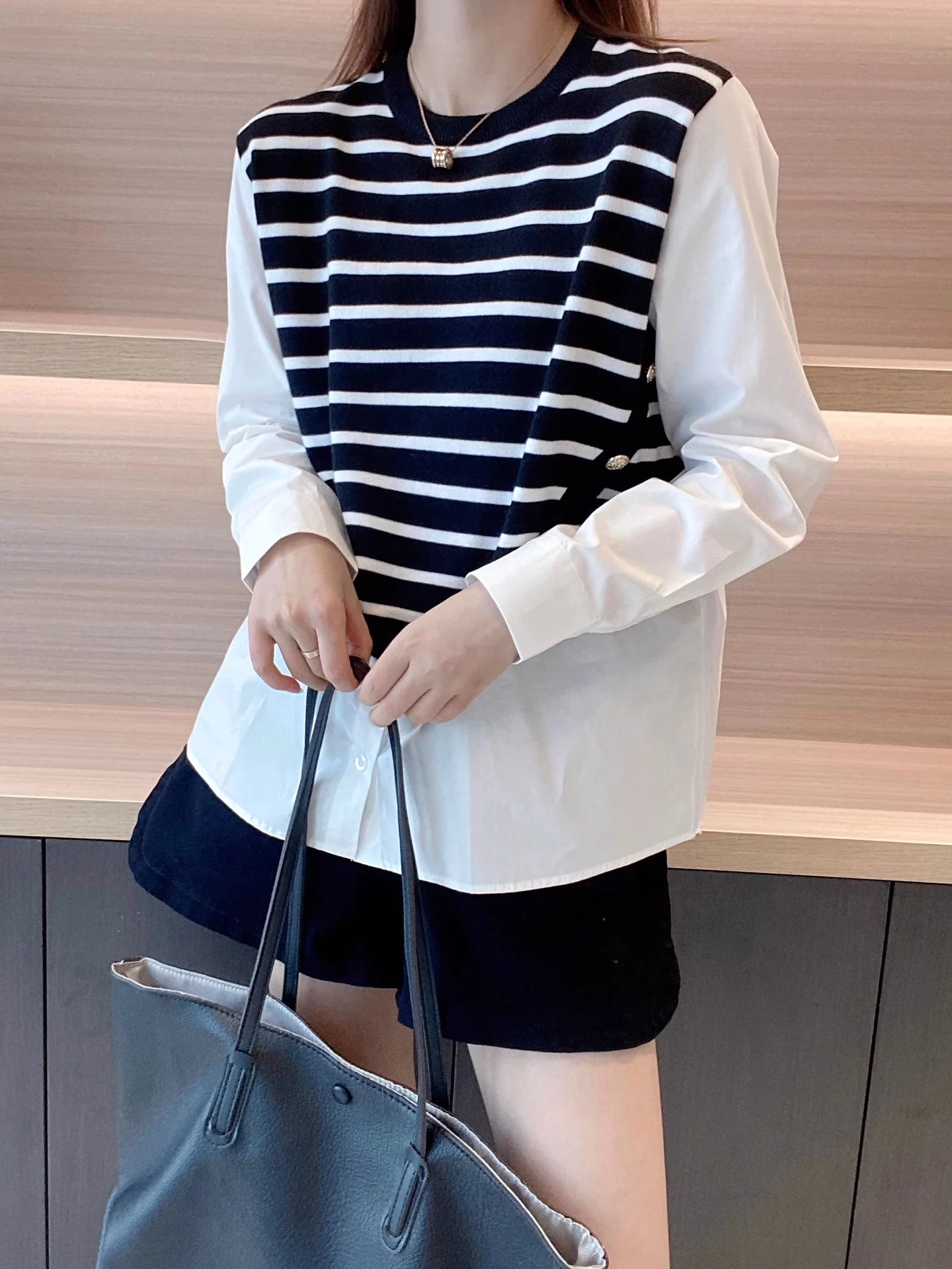 Korean Sle Knitted Patchwork Loose Long Sve Commute Top Women's Faionable Boting irt Autumn Seasonal Clothing