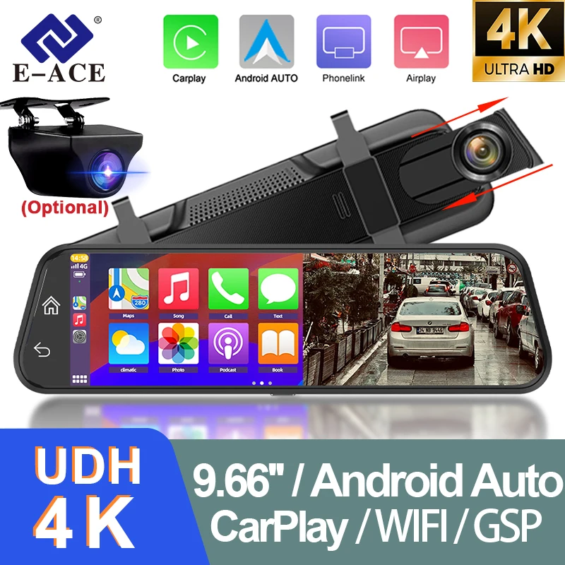 E-ACE10”Ultra 4K Car Dvr Mirror Wireless Carplay  Auto Android Dashcam Video LoopRecord Optional 1080P Rear View Camera GPS WIFI