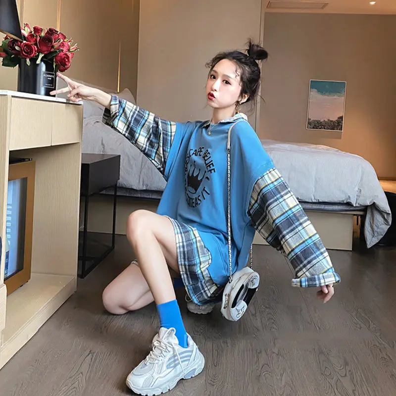 Autumn Casual Korean Patchwork Turn-down Collar Long Sleeve T-Shirts Female All-match Printing Fake Two Pieces Trend Sweatshirts