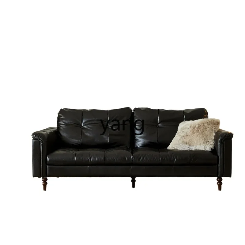 LH leather sofa straight combination living room retro black first layer cowhide small apartment