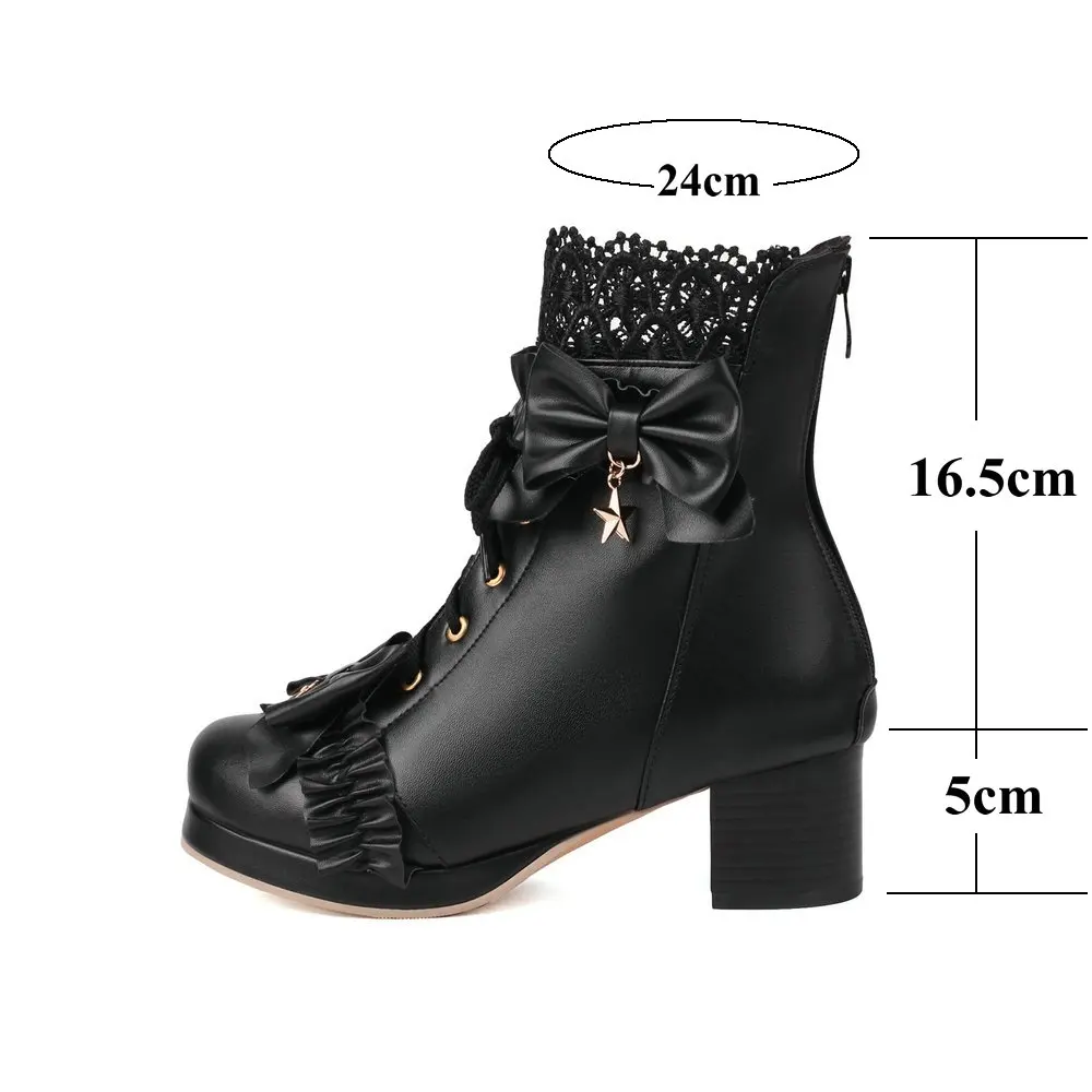 Women Platform Boots Lace Up Back Zipper Chunky Heel Ankle Booties Bow Cosplay Spring Autumn Shoes Five Pointed Star Pendant