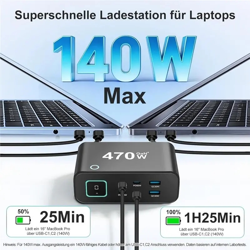 ABGI 470W USB C Station 6-Port GaN Fast Multiple Laptop 4C+2A Touch Control Digital Display EU Plug