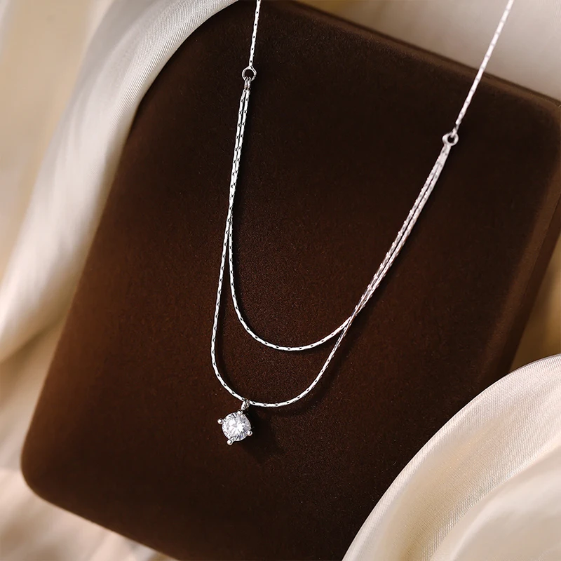 925 Sterling Silver Four Claw Zircon Pendant Necklace For Women Exquisite Double Layered Collarbone Chain Elegant Jewelry