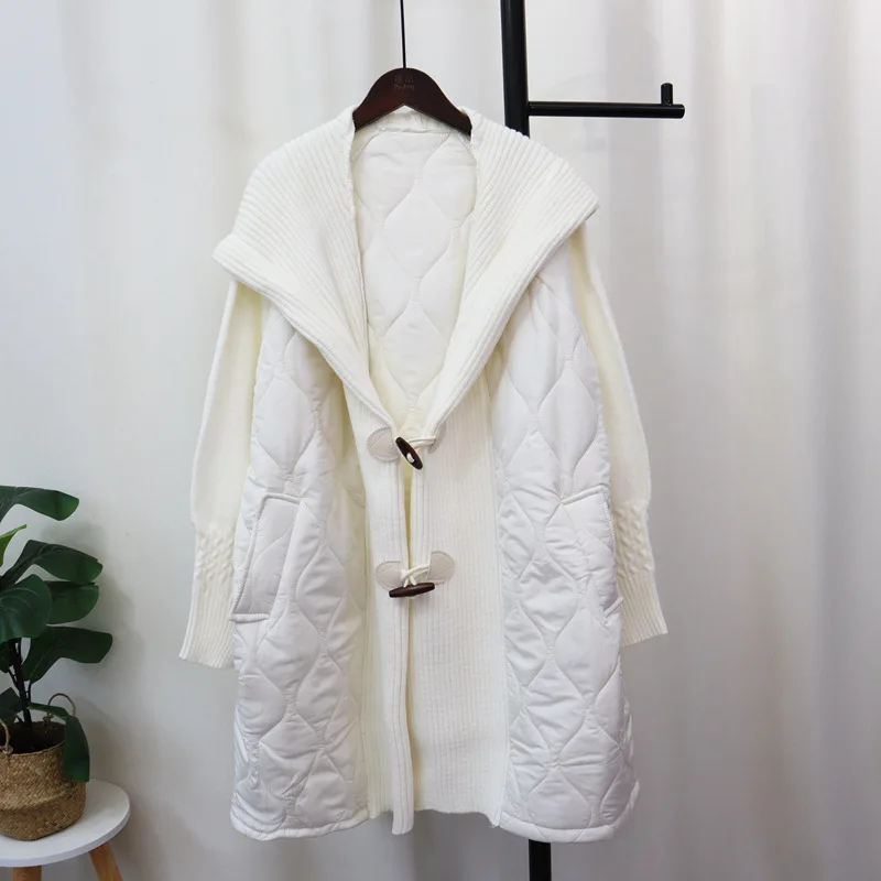 WTHT Trendy Damen-Spleißstrick-Kapuzen-Hornknöpfe-Design, warmer Mantel, 2024, Winter, langärmelig, lockere, gesteppte Jacke, weiblich, 1LS232