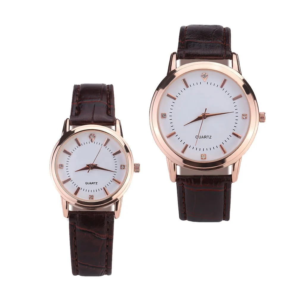 2Pcs Lover Quartz Watch for Couple Brown Strap Solid Needle Buckle Breathable Comfortable Elegant Design Diamond Accents