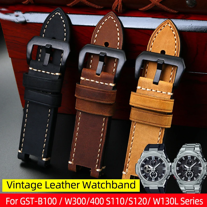 26mm Sport Vintage Leather Watchband For Casio G-SHOCK GST-B100 / W300/400 S110/S120/ W130L Series Concave port Men’s Watch