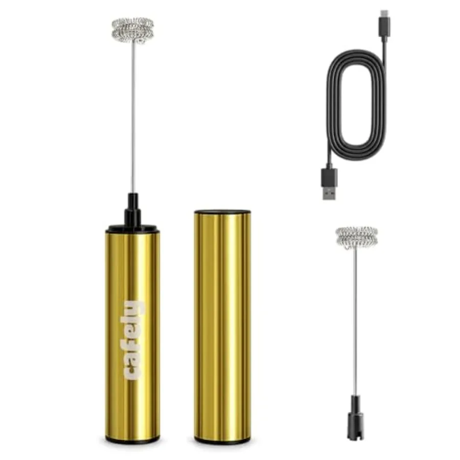 

Премиальный золотой ручной вспениватель молока с USB-зарядкой и двумя венчиками из нержавеющей стали для латте и матча - мощный, сильный вихревой механизм