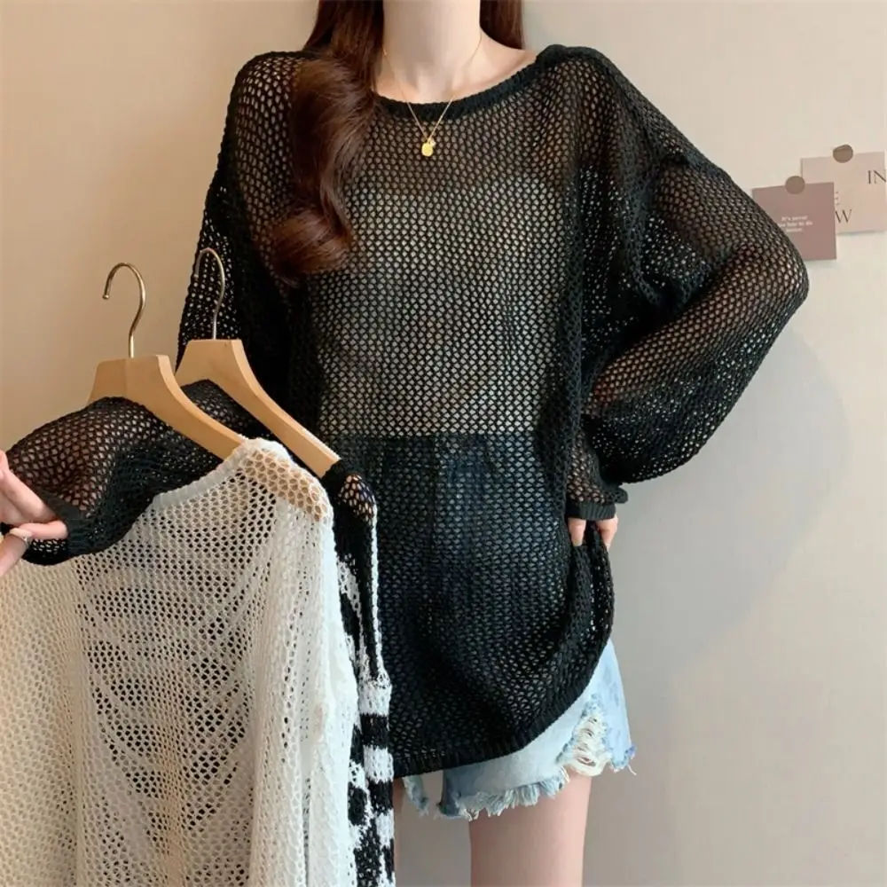 

Stylish Casual Knitted Hollow Pullover Loose Round Neck Long Sleeve T Shirt Beachwear Stripe Crochet Top Women Summer