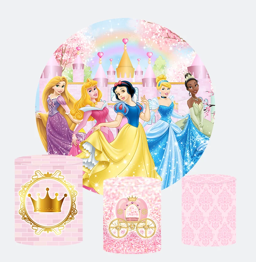 Disney Princess Baby Shower Round Circle Backdrop Disney Customized Girls Birthday Party Background Event Decor Cylinder Cover