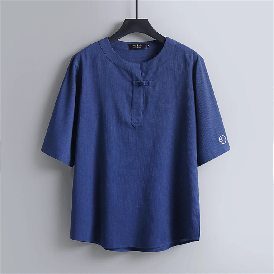 Linen T-shirt Men Summer Short Sleeve Tshirts Plus Size 9XL Chinese Traditional Style Solid Color Tops Tees Male Big Size