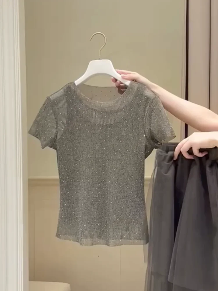 

Faionable Hollow out Ba Sparkling ort Sve Women's T-irt Casual Slim Fit High Waist mid Length A-Line Skirt