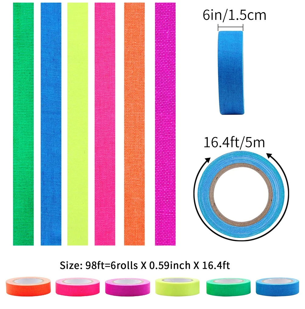 UV black tape fluorescent tape, 6 colors, suitable for Halloween Christmas fluorescence party decoration，16.4ft/5m