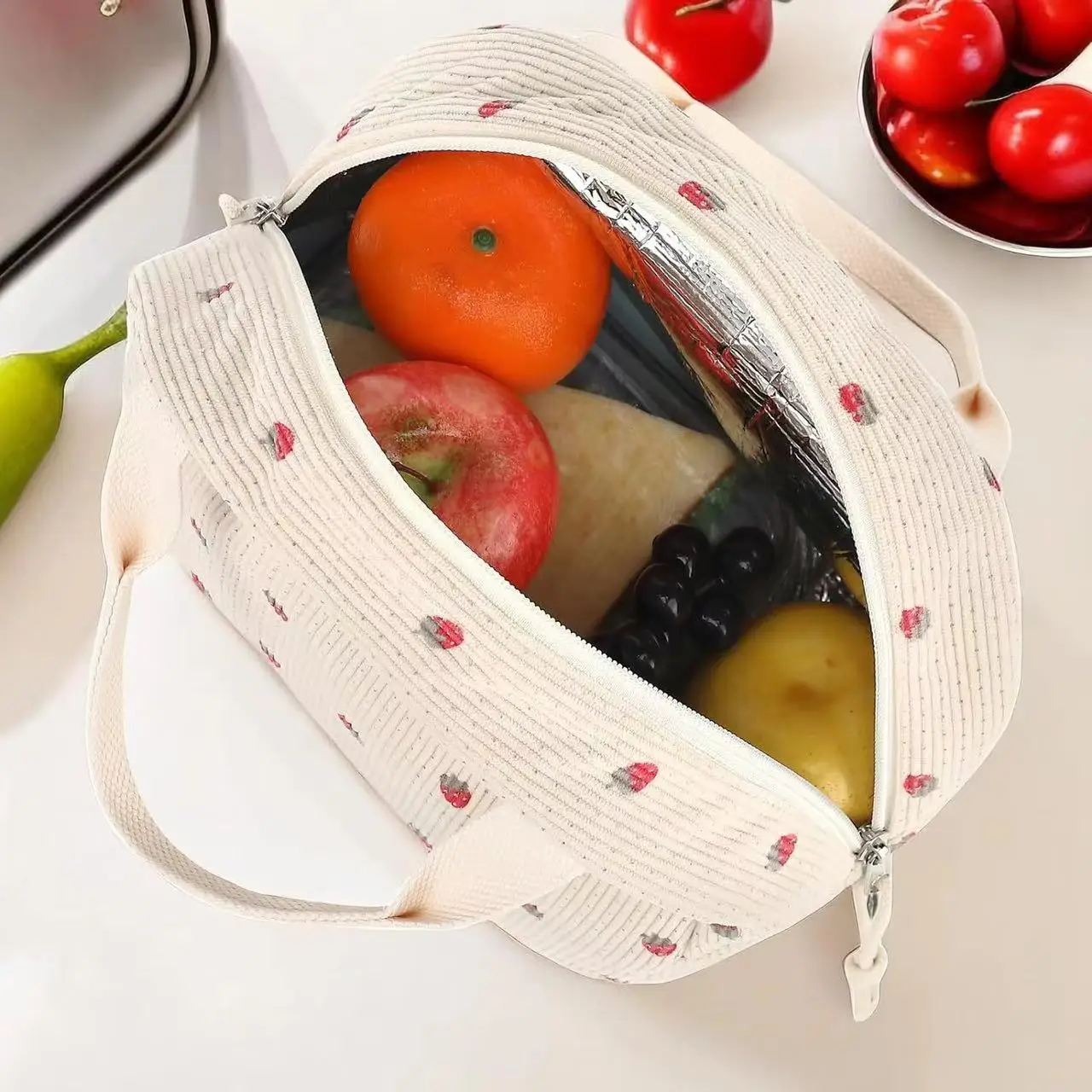 Cute Kawaii Strawberry Lunch Bag Corduroy Heat-insulated Stripe Handbag for Girls School Camp Bread Fruit Storage Large Capacity