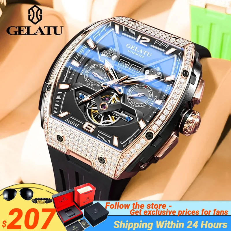 

GELATU 6016 Original Men's Watches Big Dial Hollow Dail Multi-function Calendar Automatic Mechanical Wristwatches Silicone Strap