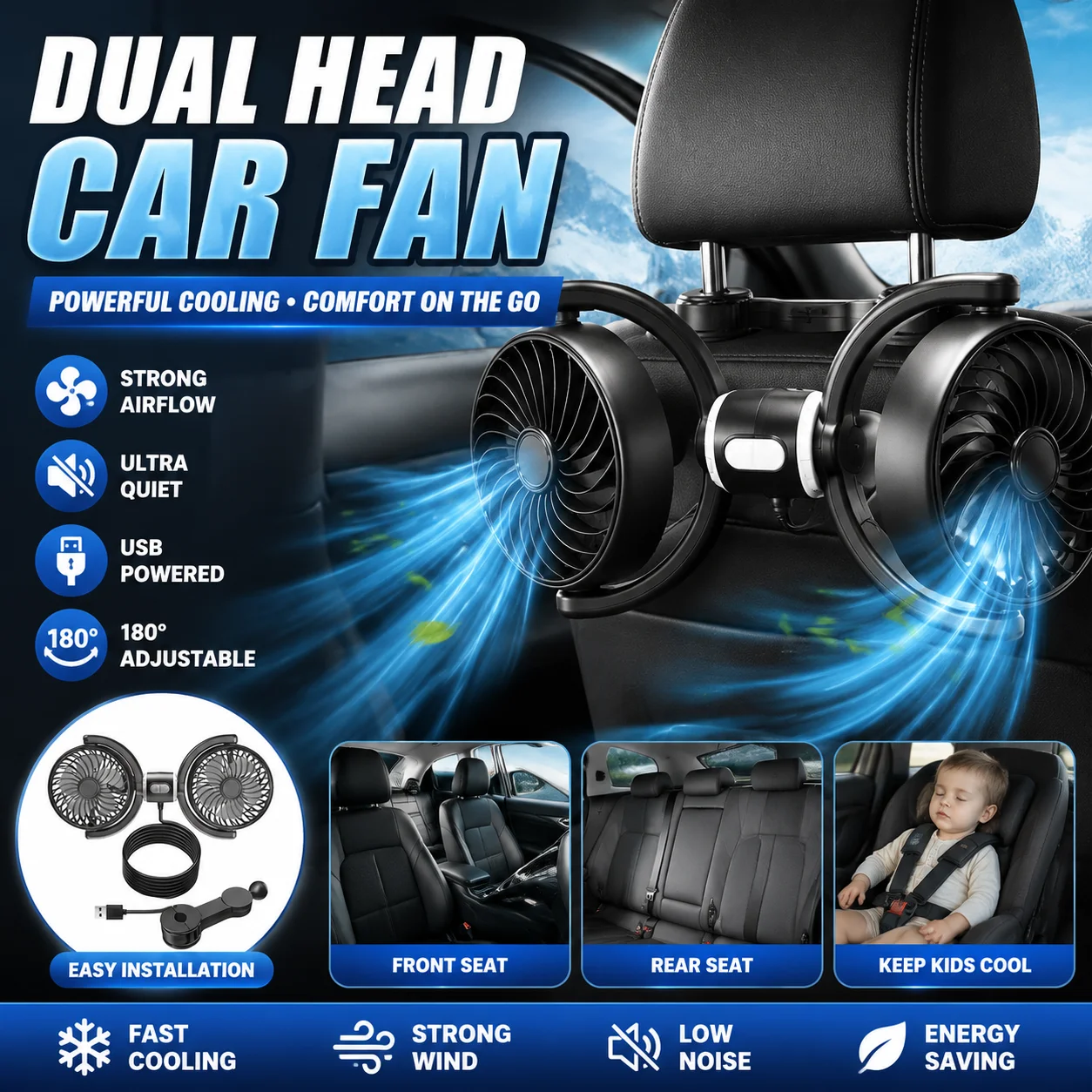 Dual Head Car Headrest Fan USB Strong Wind Cooling Portable Vehicle Back Seat Air Conditioner Summer Cooling Fan for Car Truck